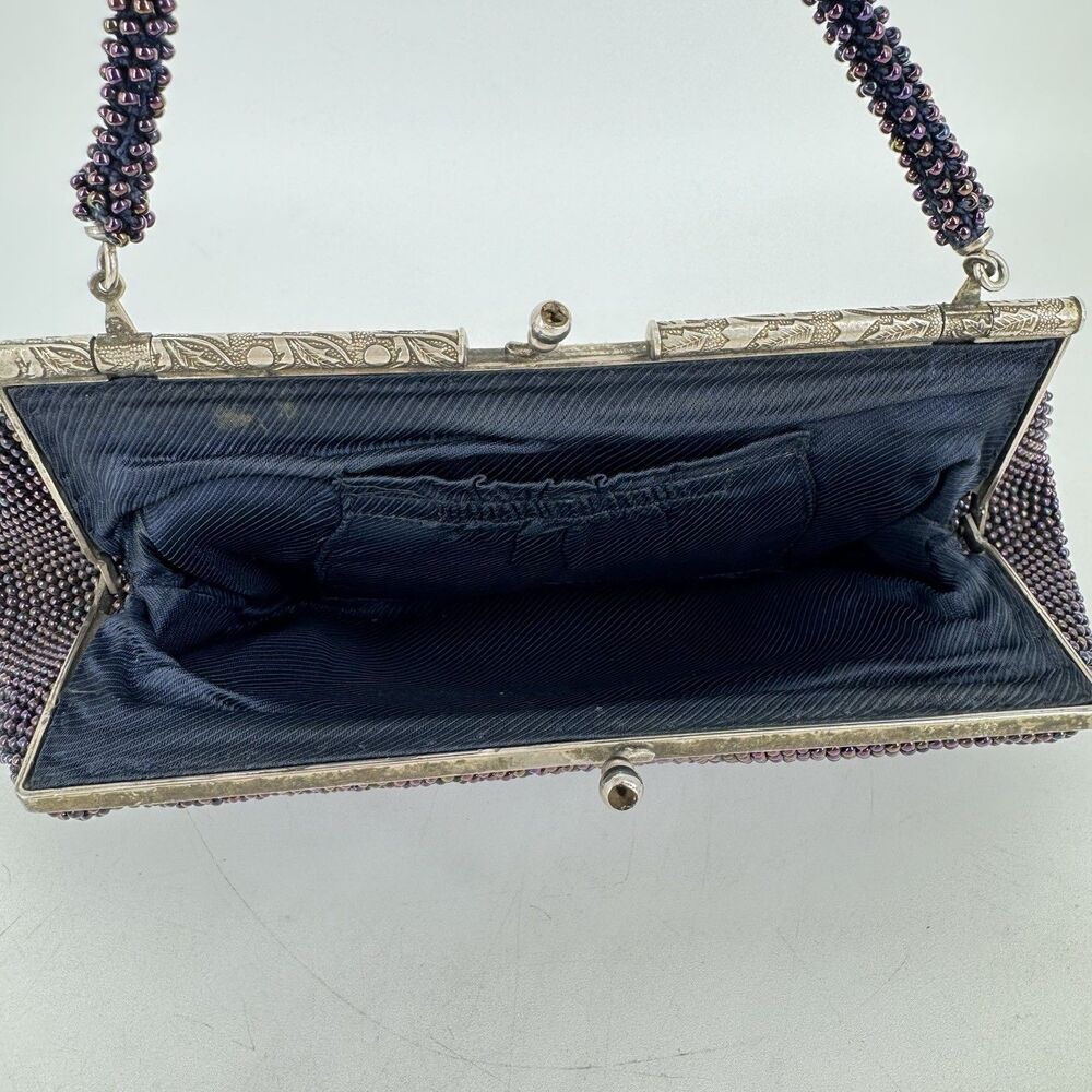 Vintage Purple Beaded Evening Bag Clutch Purse Silver Frame Kiss Lock 10” - Picture 3 of 11